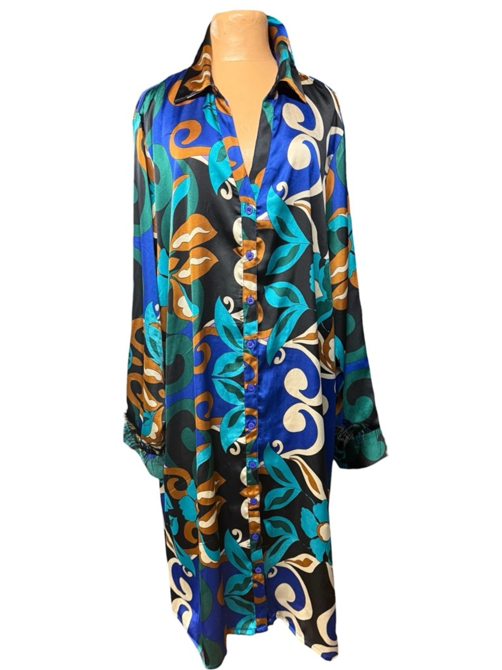 Ashley Steward, Silky Feathered Sleeves Shirt Dress